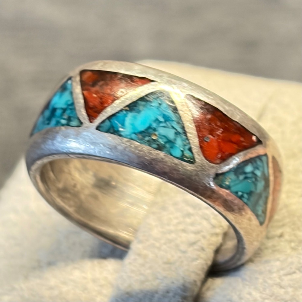 Ring Sterling Silver Turquoise Coral Color Geometric Inlay Vintage Size 9.5